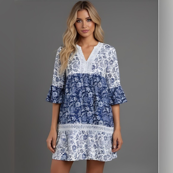 Blue Boho Floral Print Lace Dress - Picture 3 of 6